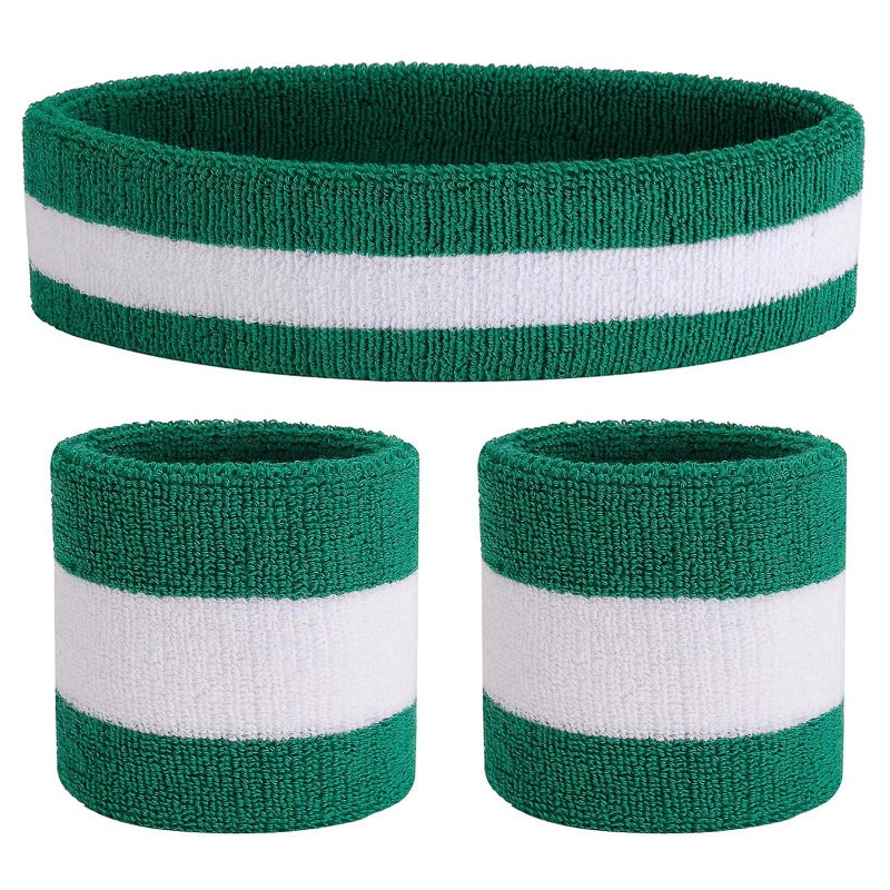 ONUPGO Sweatband Set Sports Headband Wristband Set Sweatbands Terry Cloth Wristband Athletic Exercise Basketball Wrist Sweatband and Headbands Moisture Wicking Sweat Absorbing (Green/White/Green) - Image 1